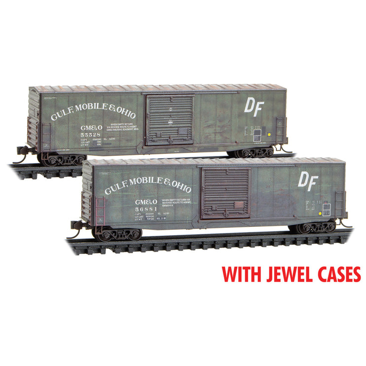 Micro Trains N Gulf, Mobile & Ohio 50' Standard Box Car Weathered 2-Pack With Jewel Cases RD# GM&O 55528, 56881 | Fusion Scale Hobbies