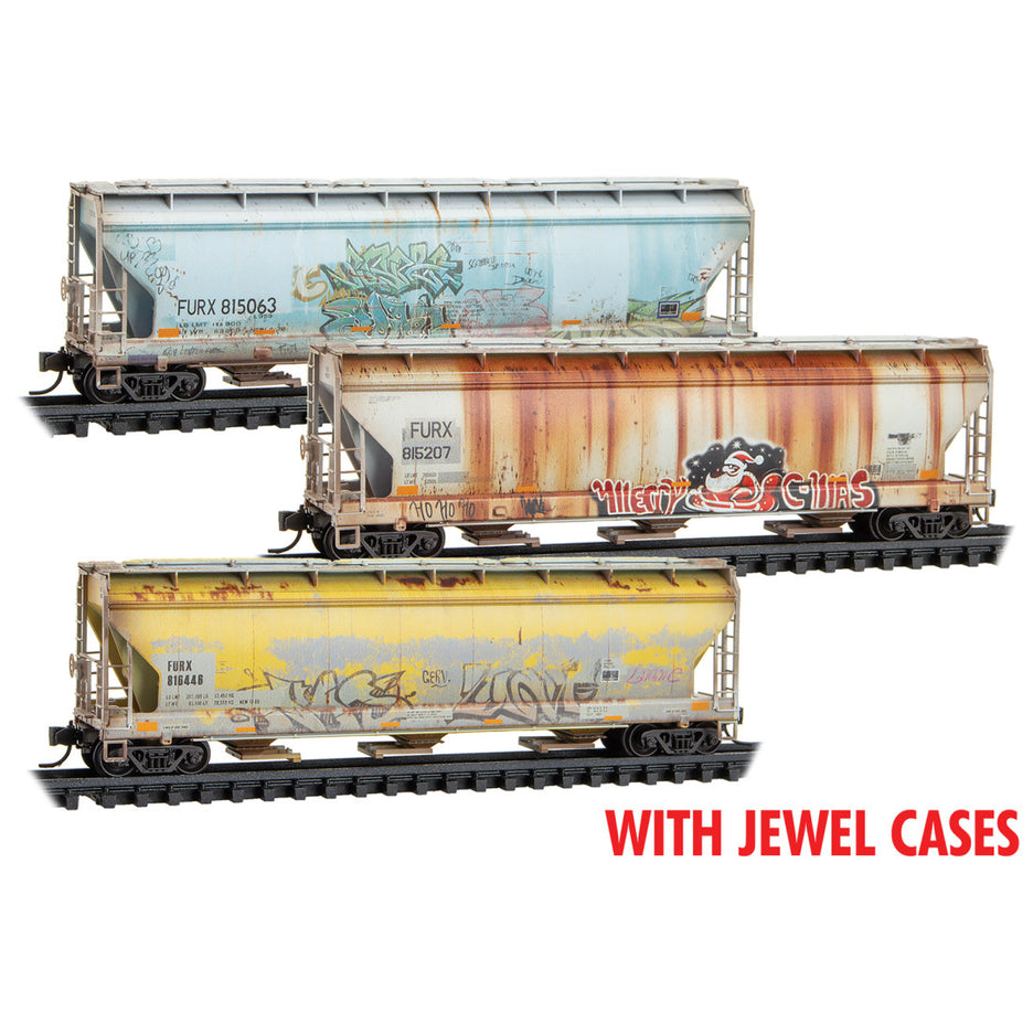 Micro Trains N First Union Rail Leasing 3-Bay Covered Hoppers Weathered 3 Pack RD# FURX 815063, 815207, 816446 | Fusion Scale Hobbies