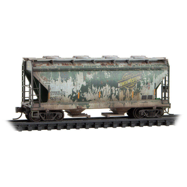 Micro Trains N Chicago & North Western 2-Bay Covered Hoppers Weathered 2-Pack With Jewel Cases RD# CNW 175542, 175579 | Fusion Scale Hobbies