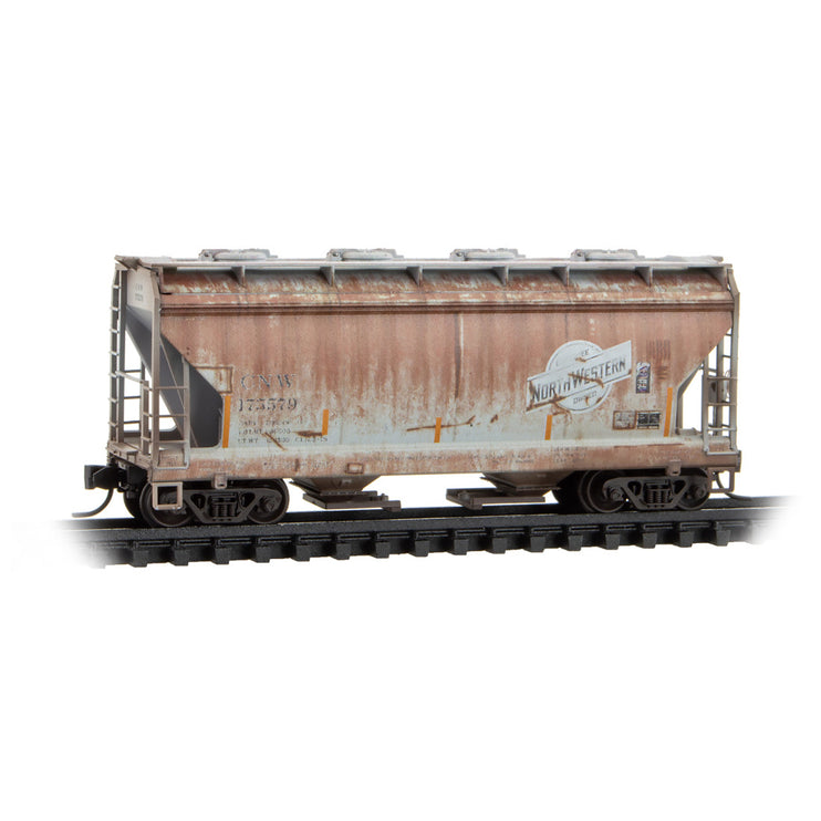 Micro Trains N Chicago & North Western 2-Bay Covered Hoppers Weathered 2-Pack With Jewel Cases RD# CNW 175542, 175579 | Fusion Scale Hobbies