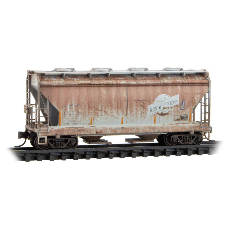 Micro Trains N Chicago & North Western 2-Bay Covered Hoppers Weathered 2-Pack With Jewel Cases RD# CNW 175542, 175579 | Fusion Scale Hobbies