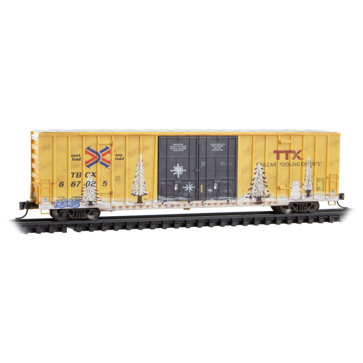 Micro Trains N TTX Weathered Christmas 60' Rib Side Double-Plug Door High Cube Boxcar RD# TBOX 667025 | Fusion Scale Hobbies