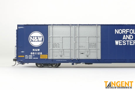 Tangent HO Scale Norfolk & Western (N&W) “Delivery 12-1969 Blue” Greenville 86′ Quad Plug Door Box Car