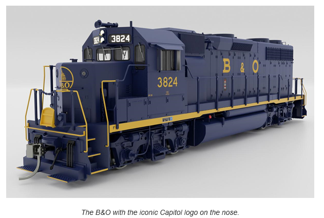 Rapido 38007 HO EMD GP38 Low Nose - Standard DC -- Baltimore & Ohio #3824 (blue, yellow)