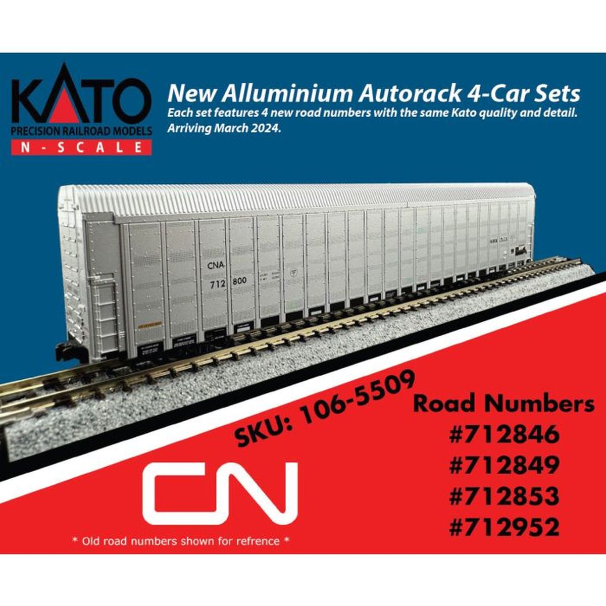 Kato N Scale Canadian National Aluminum Autorack 4 Car Set 712846, 712849, 712853, 712952