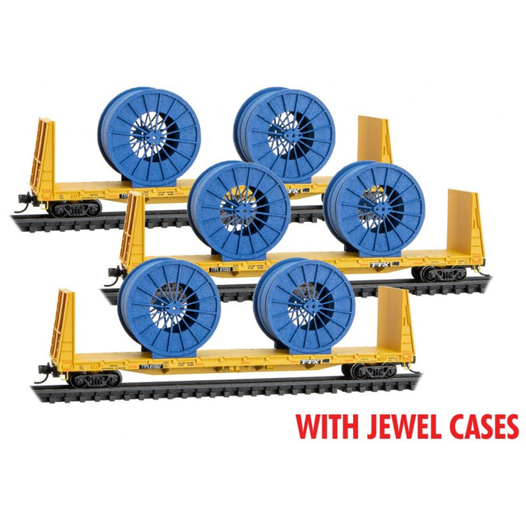 Micro Trains N Scale TPX 3-pack w/ Cable Load (61' Bulkhead Flat w/ Cable Load) -  Jewel Cases TTPX 811062 811085 811133