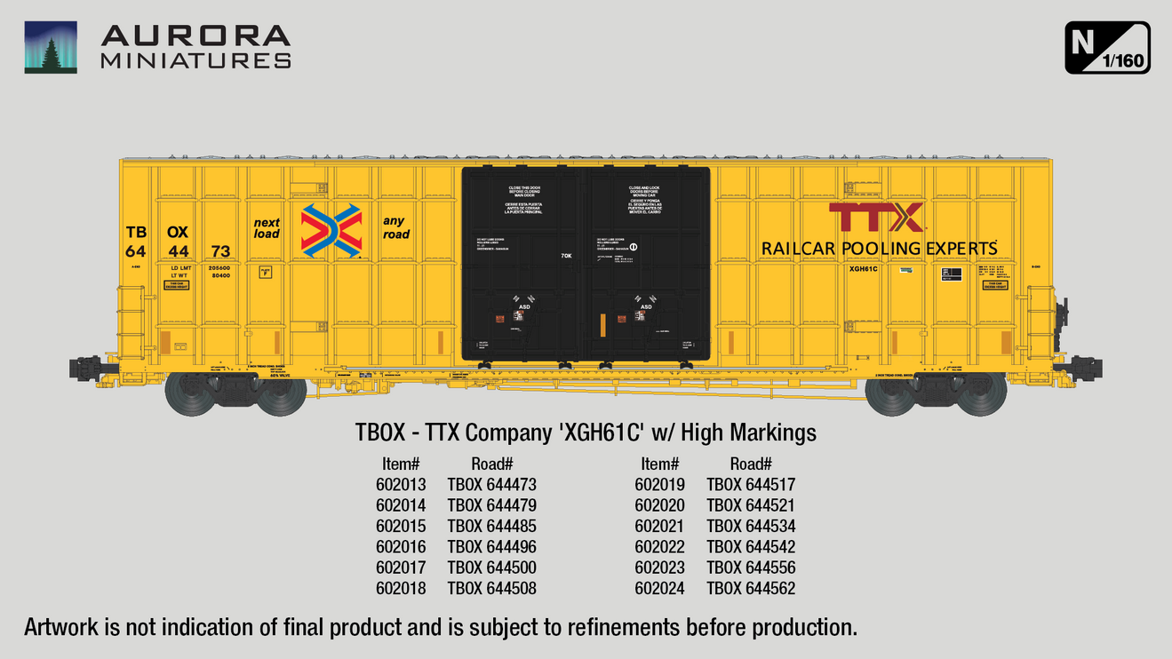 Aurora Miniatures N TBOX 644534 (XGH61C) Greenbrier 7550 cf 60' Plate F Boxcar