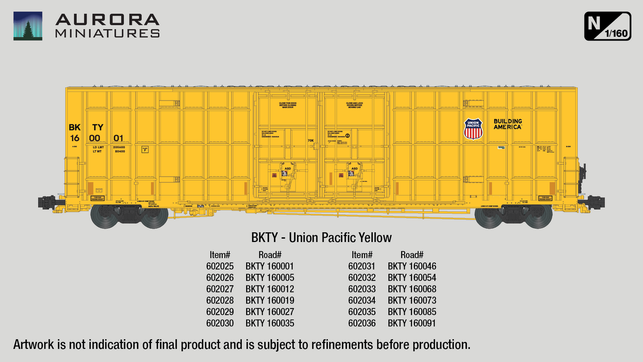 Aurora Miniatures N BKTY 160012 (UP Yellow) Greenbrier 7550 cf 60' Plate F Boxcar