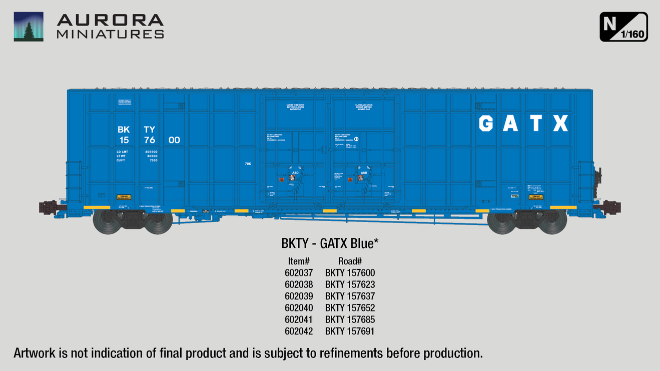 Aurora Miniatures N BKTY 157637 (GATX Blue) Greenbrier 7550 cf 60' Plate F Boxcar