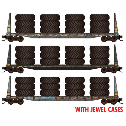 Micro Trains N Scale 61' Bulkhead Flat 3-pack Weathered w/tire load Northwestern Oklahoma Railroad NOKL 725121, 725300, 725422 Jewel Case - Fusion Scale Hobbies