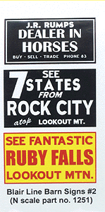 Blair Line 1251 Barn Sign Decals Set #2 - Dealer In Horses See Ruby Falls See Rock City N Scale