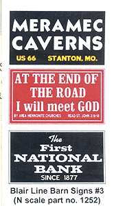 Blair Line 1252 Barn Sign Decals Set #3 - Meramac Caverns Will Meet God First National Bank N Scale