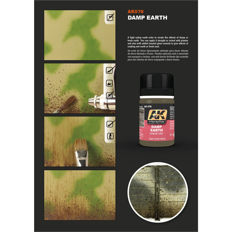 AK Interactive Damp Earth Satin Wash Enamel Paint 35ml Bottle