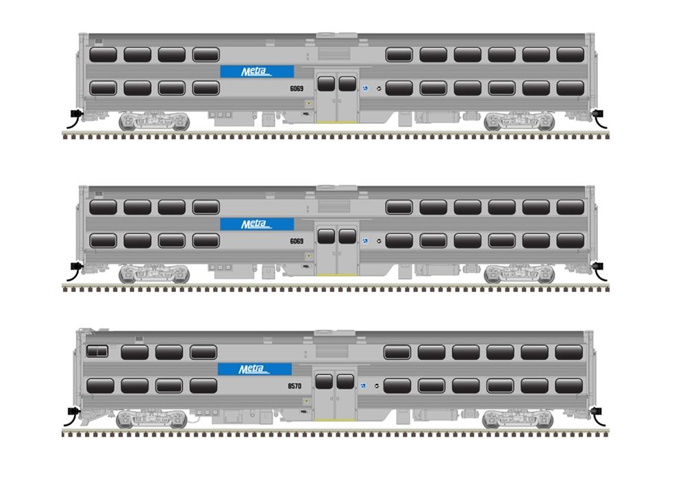 Atlas HO Scale Metra Cars 3 of 2 Coach Cars and 1 Cab Car