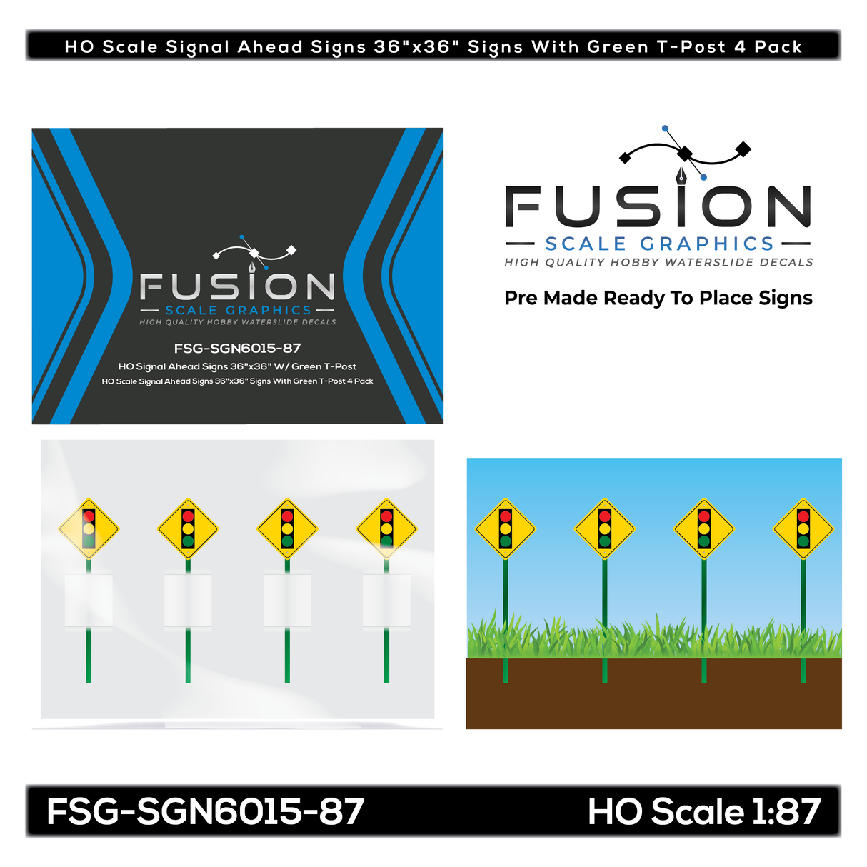 HO Scale Signal Ahead Signs 36"x36" Signs With Green T-Post 4 Pack