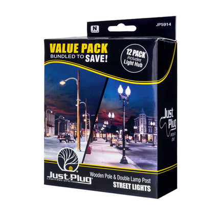 Woodland Scenics N Scale Just Plug Wooden Pole & Double Lamp Post Value Pack | Fusion Scale Hobbies