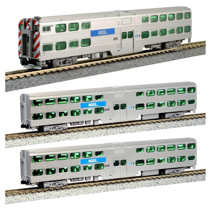 Kato N Scale Chicago Metra Gallery Bi-Level Passenger Car 3 Pack Set Book Case w/FL12 Decoder