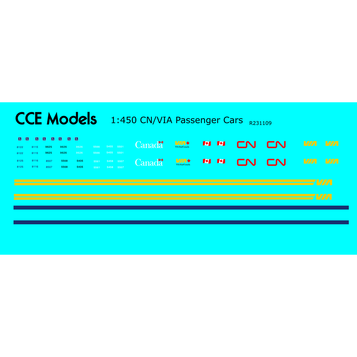 CCE Models T Scale (1:450) Decals, Passenger cars: CN and VIA