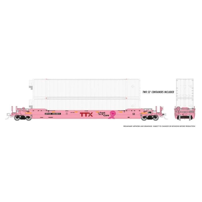 Rapido HO Gunderson 53′ Husky Stack Well Car with Containers – Ready to Run — Trailer-Train #654811 (pink, red; “On Track for a Cure” Slogan)