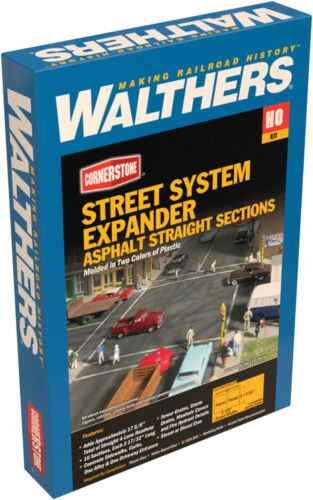 Walthers Cornerstone HO Scale Asphalt Street System Straight Sections pkg(10) with Accessories