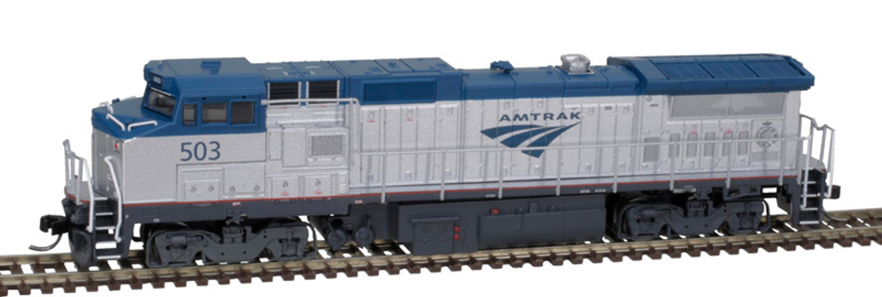 Atlas Master N Scale Amtrak Phase V #503 Silver GE DASH 8-32BHW Locomotive with Pilot Mounted Ditch Lights DC