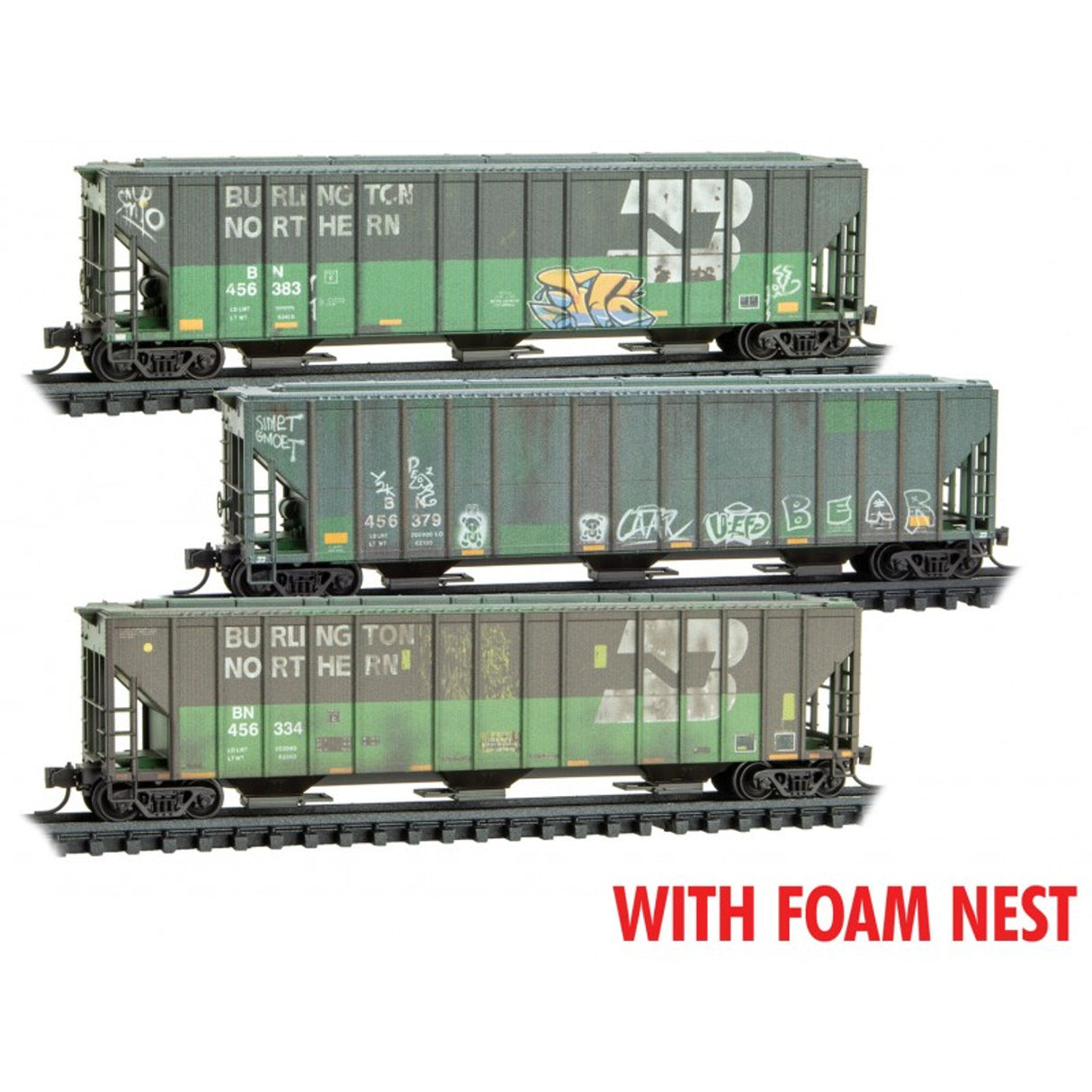 Micro Trains N Scale BNSF/Ex-BN weathered 3 pack (3-bay Hopper) Foam Insert Burlington Northern (BN) 456334, 456379, 456383