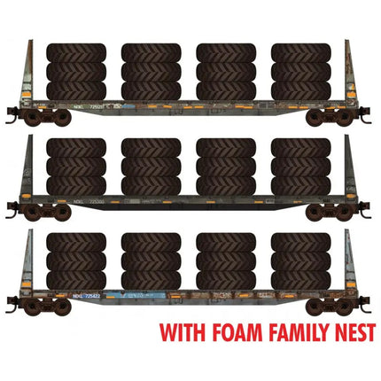 Micro Trains N Scale 61' Bulkhead Flat 3-pack Weathered w/tire load Northwestern Oklahoma Railroad NOKL 725121, 725300, 725422 Foam Case - Fusion Scale Hobbies