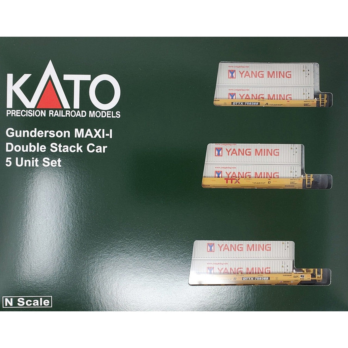 Kato N MAXI-I Double Stack 5pk TTX #759364 with Yang Ming Containers