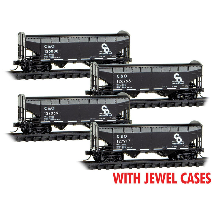 Micro Trains N Scale 100-Ton 3-Bay Open Hopper, Rib Sides, with Coal Load Chesapeake & Ohio JEWEL CASE RD# C&O 12600, 126766, 127039, 127917