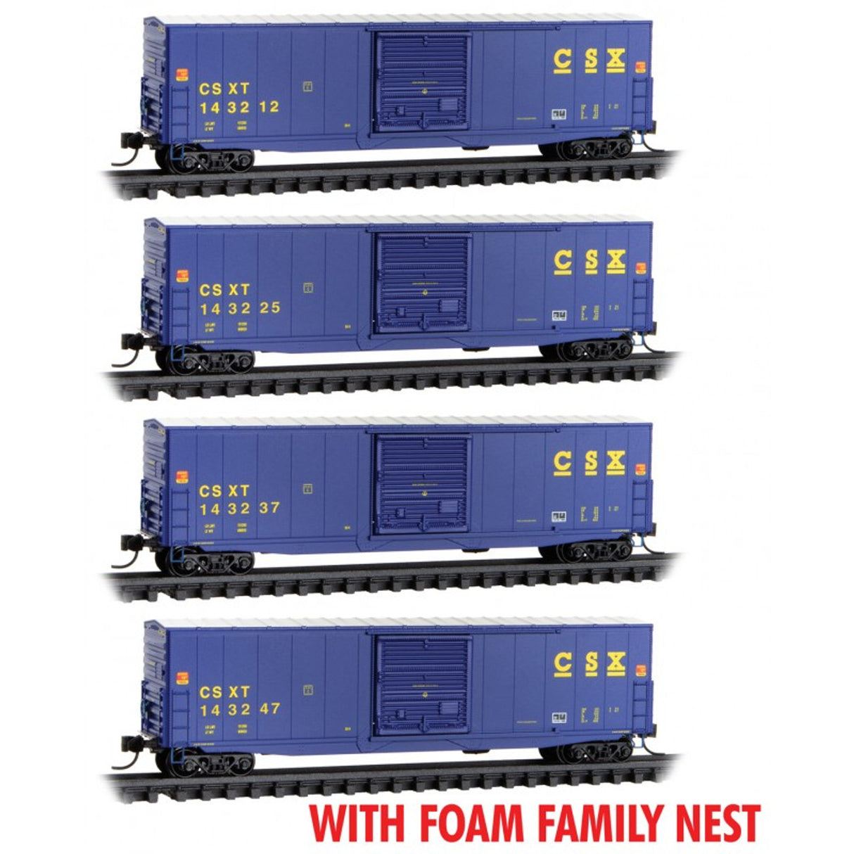 Micro Trains N Scale 50' Standard Boxcar - Runner 4 pk (Foam Nest) CSX (CSXT) 143212, 143225, 143237, 143247