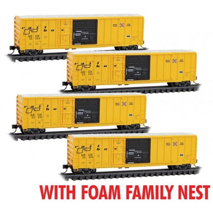 Micro Trains N Scale 50' Rib Side Box Car, Plug & Sliding Door w/o Roofwalk Runner 4 pk Foam Family Nest Railbox RD# 50083, 50104, 50227, 50359