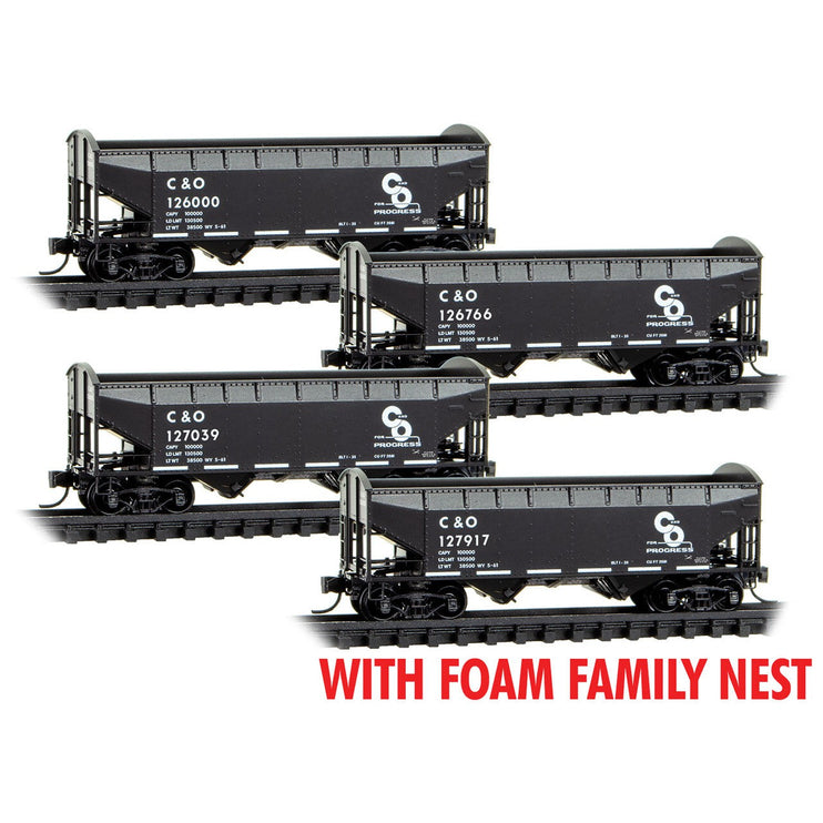 Micro Trains N Scale 100-Ton 3-Bay Open Hopper, Rib Sides, with Coal Load Chesapeake & Ohio Foam Family Nest RD# C&O 12600, 126766, 127039, 127917 (Copy)