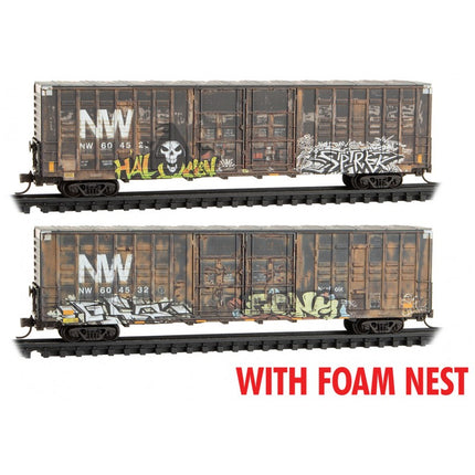 Micro Trains N Scale 60'Box Car Excess Height Double Plug Door Waffle Side-Weathered NS/ex-N&W 2-pack Foam Insert Norfolk Southern (NW) 604529, 604532