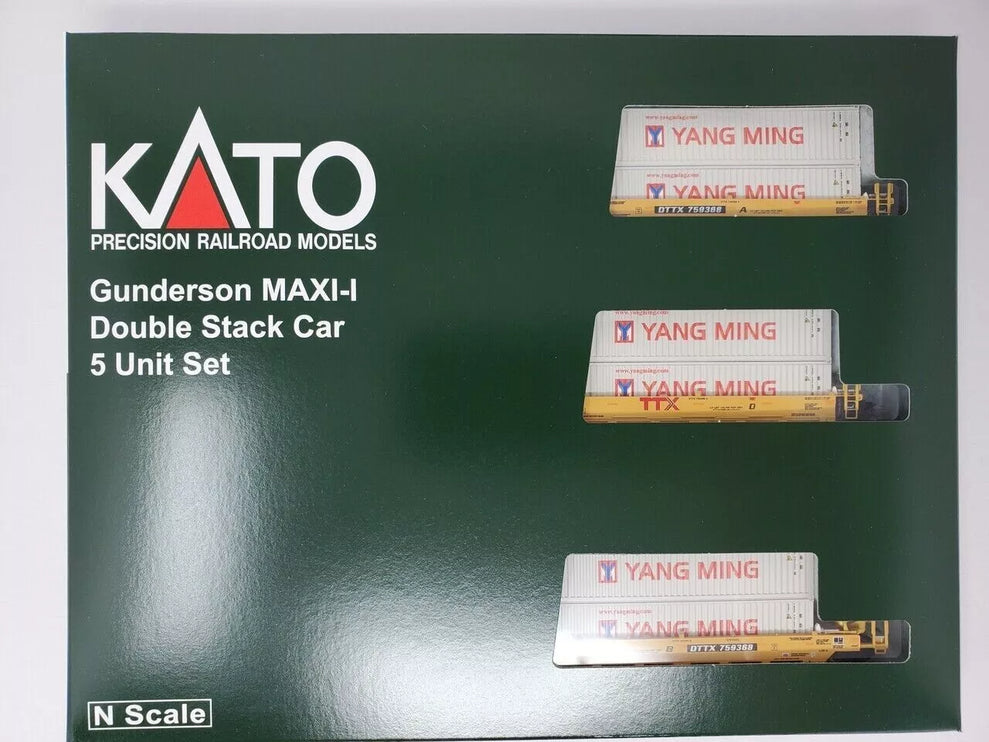 Kato N Scale MAXI-I Double Stack 5pk TTX #759368 w/Yang Ming Containers