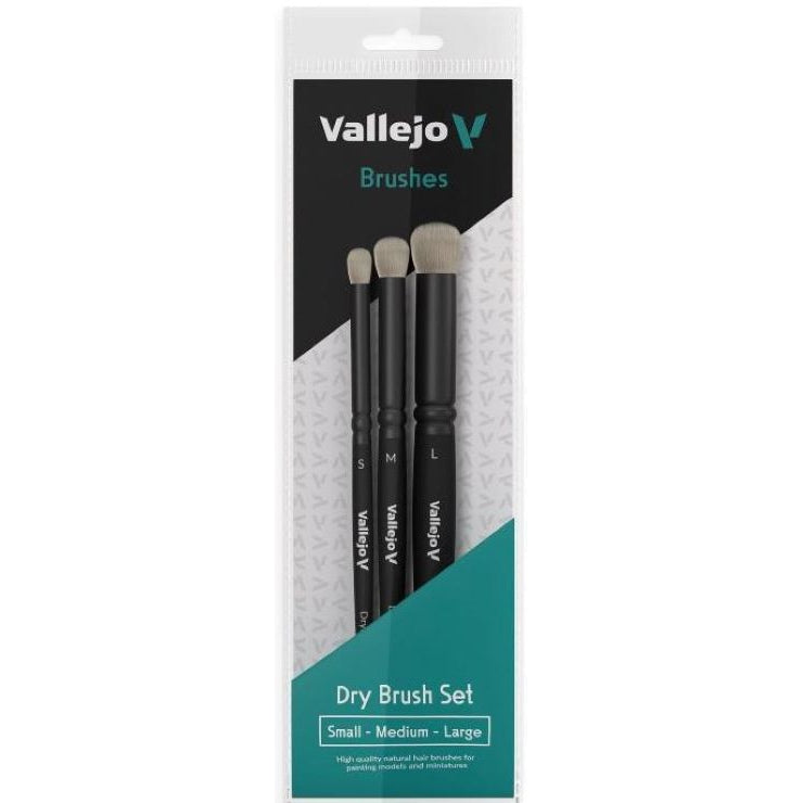 Vallejo Dry Brush Round Natural Hair Brush Set: Small, Medium, Large