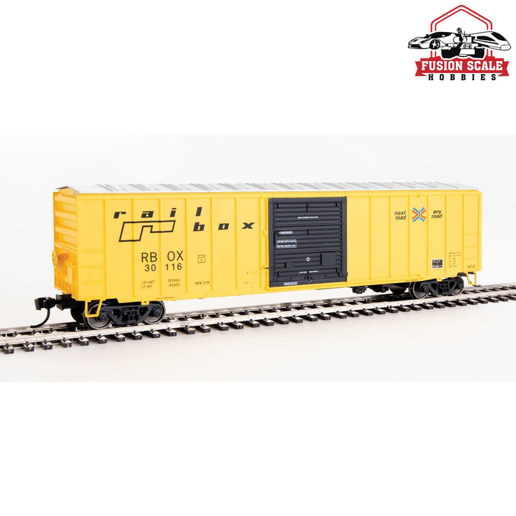 Walthers Mainline HO Scale 50' ACF Exterior Post Boxcar Ready to Run Railbox #30116 (yellow, Black Door; Small Logo, Slogan)