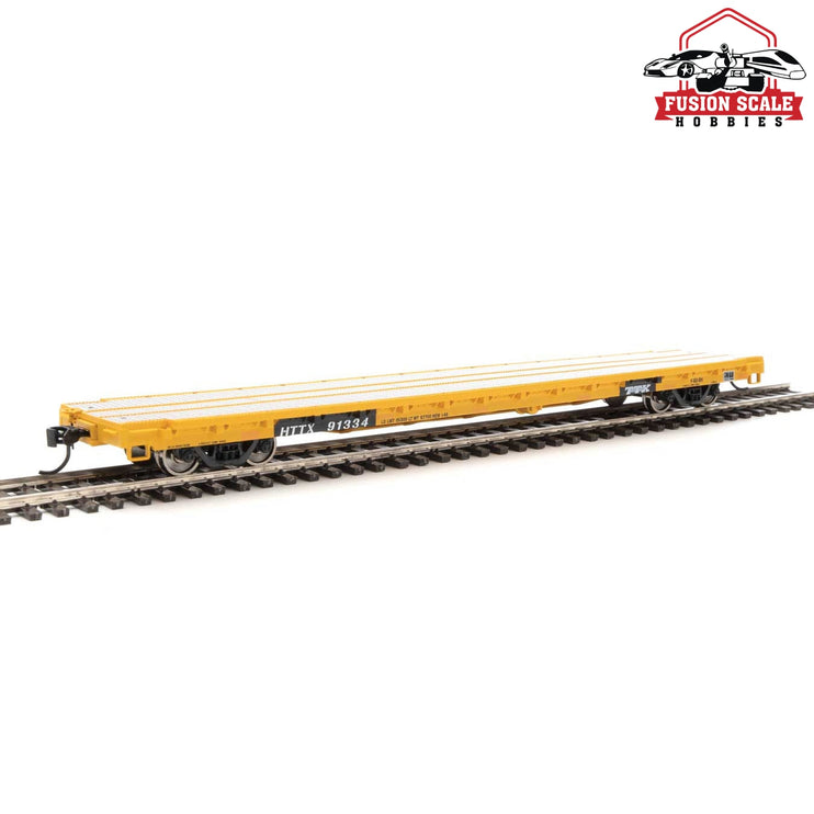 Walthers Mainline HO Scale 60' Pullman-Standard Flatcar Ready to Run Trailer Train HTTX #91334 (Heavy Duty Loading; yellow, black)