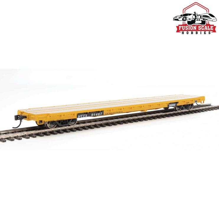 Walthers Mainline HO Scale 60' Pullman-Standard Flatcar Ready to Run Trailer Train HTTX  #91467 (Heavy Duty Loading; yellow, black)