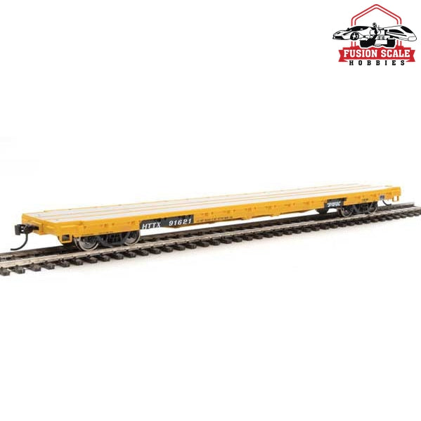 Walthers Mainline HO Scale 60' Pullman-Standard Flatcar Ready to Run Trailer Train HTTX  #91621 (Heavy Duty Loading; yellow, black)