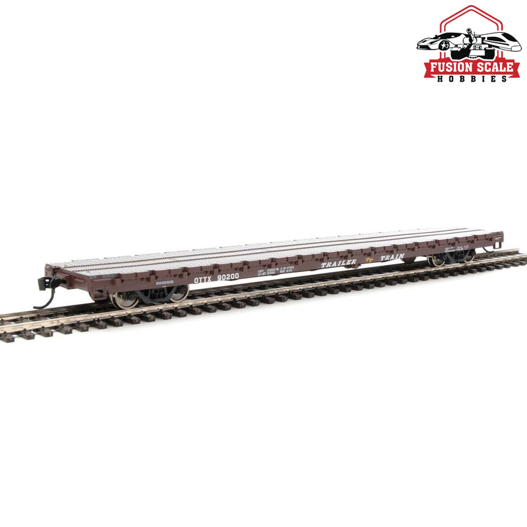 Walthers Mainline HO Scale 60' Pullman-Standard Flatcar Ready to Run Trailer-Train OTTX #90200 (Farm Machinery Service; brown, yellow TT Logo)