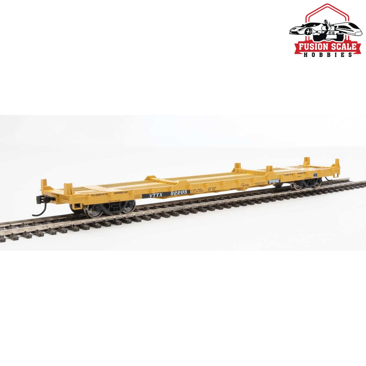 Walthers Mainline HO Scale 60' Pullman-Standard Flatcar Ready to Run TTX VTTX #92205 (20' and 40' container loading, yellow, black, white)