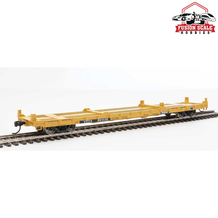 Walthers Mainline HO Scale 60' Pullman-Standard Flatcar Ready to Run TTX VTTX  #92336 (20' and 40' container loading, yellow, black, white)