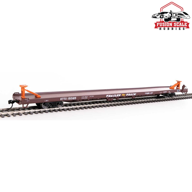 Walthers Mainline HO Scale 89' Channel Side Flatcar Ready to Run Trailer-Train KTTX #150185 (1960s brown, Twin 45')