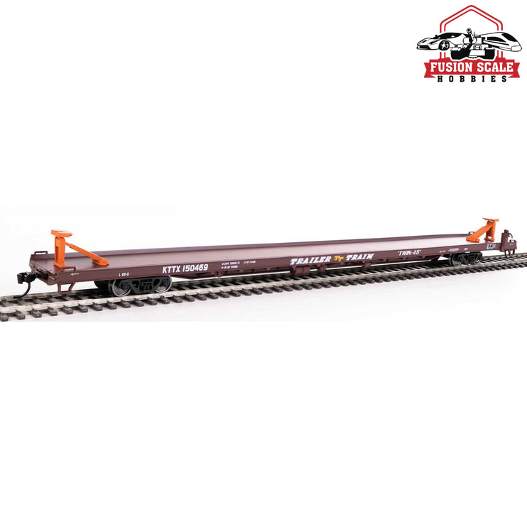 Walthers Mainline HO Scale 89' Channel Side Flatcar Ready to Run Trailer-Train KTTX #150469 (1960s brown, Twin 45')