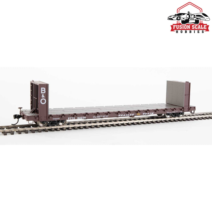 Walthers Mainline HO Scale 60' Pullman-Standard Bulkhead Flatcar (48' IL) Ready to Run Trailer-Train with B&O Bulkheads #92230