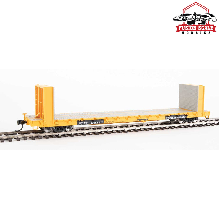 Walthers Mainline HO Scale 60' Pullman-Standard Bulkhead Flatcar (48' IL) Ready to Run Trailer-Train #92333 (yellow)