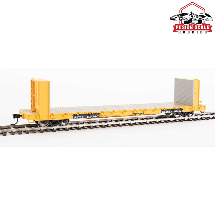 Walthers Mainline HO Scale 60' Pullman-Standard Bulkhead Flatcar (48' IL) Ready to Run Trailer-Train #92340 (yellow).