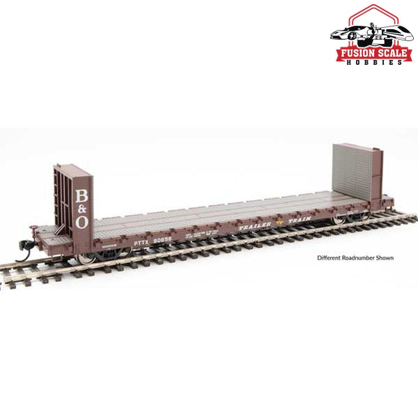 Walthers Mainline HO Scale 60' Pullman-Standard Bulkhead Flatcar (48' IL) Ready to Run Trailer-Train with B&O Bulkheads #90599