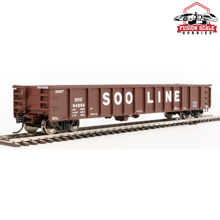 Walthers Mainline HO Scale 53' Railgon Gondola Ready To Run Soo Line #64069 (oxide, white; Large Name)