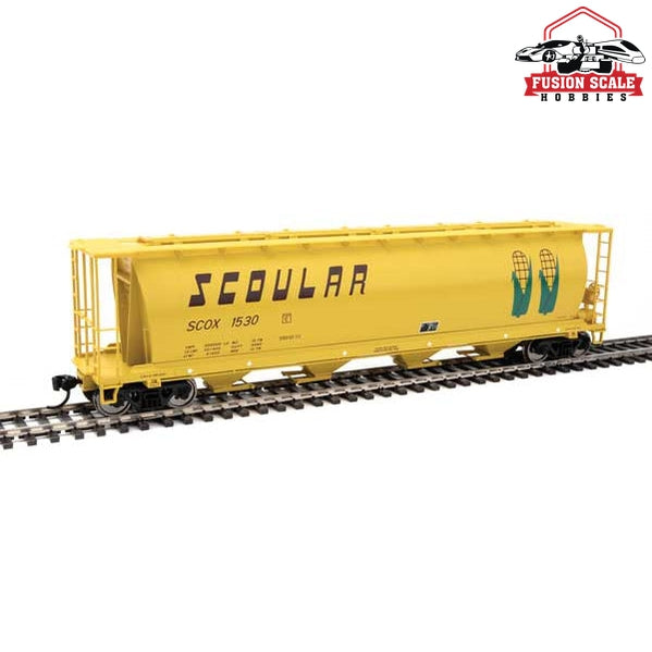 Walthers Mainline HO Scale 59' Cylindrical Hopper Ready to Run Scoular SCOX #1530 (yellow, brown, green; Double-Corn Logo)